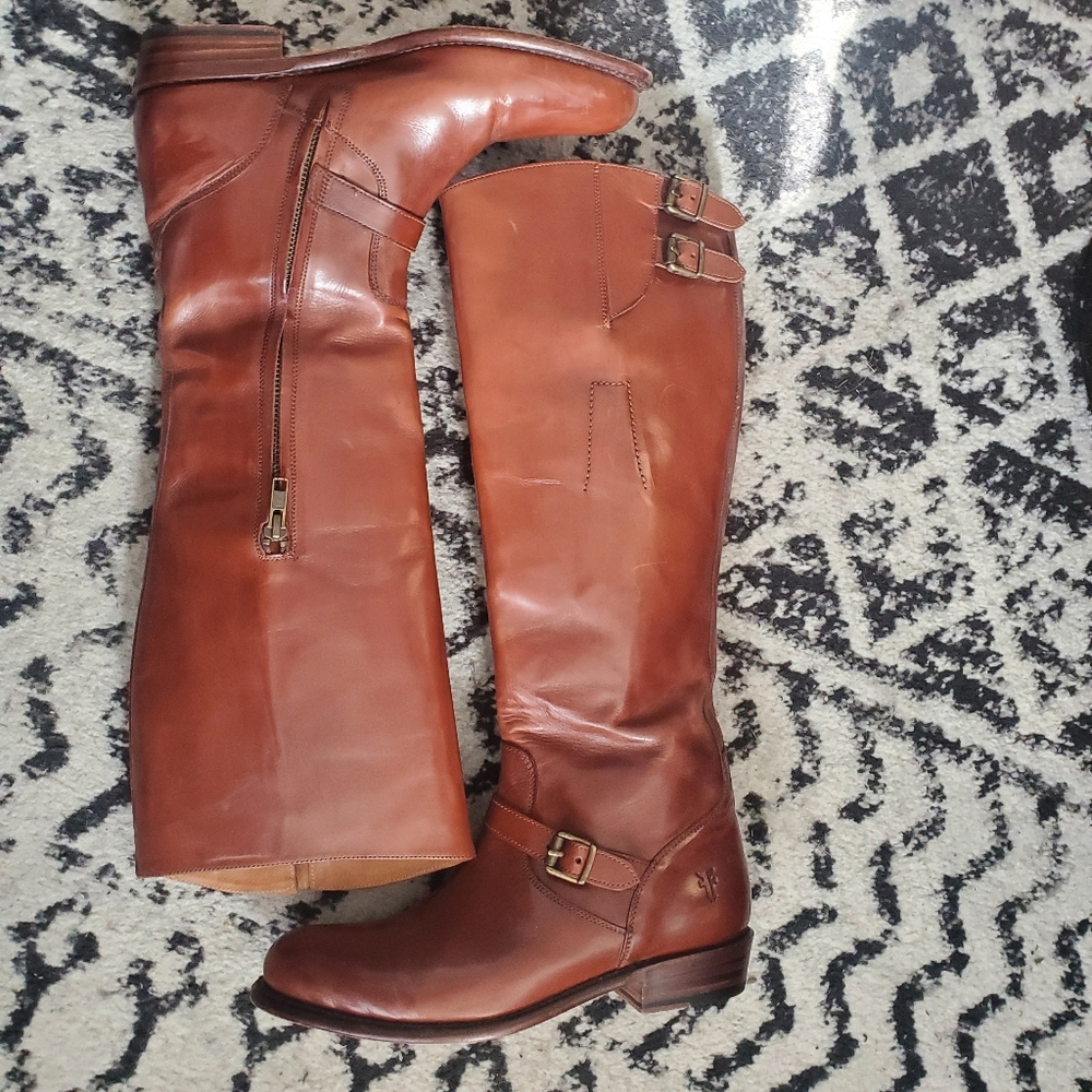 FRYE Dorado Buckle Brown Leather Riding Boots